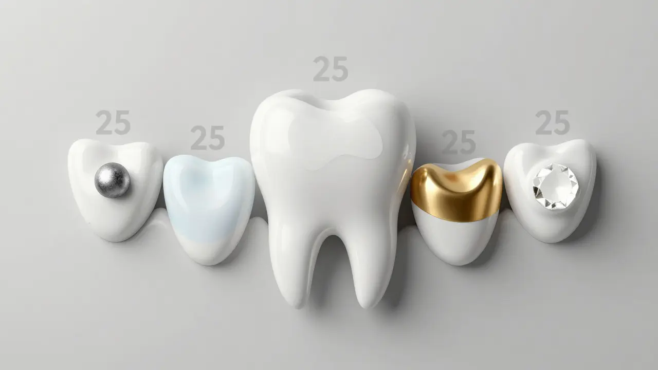 Vývojová osa zubních plomb v čase s reprezentací pěti materiálů jako symbolů na zubním oblouku.