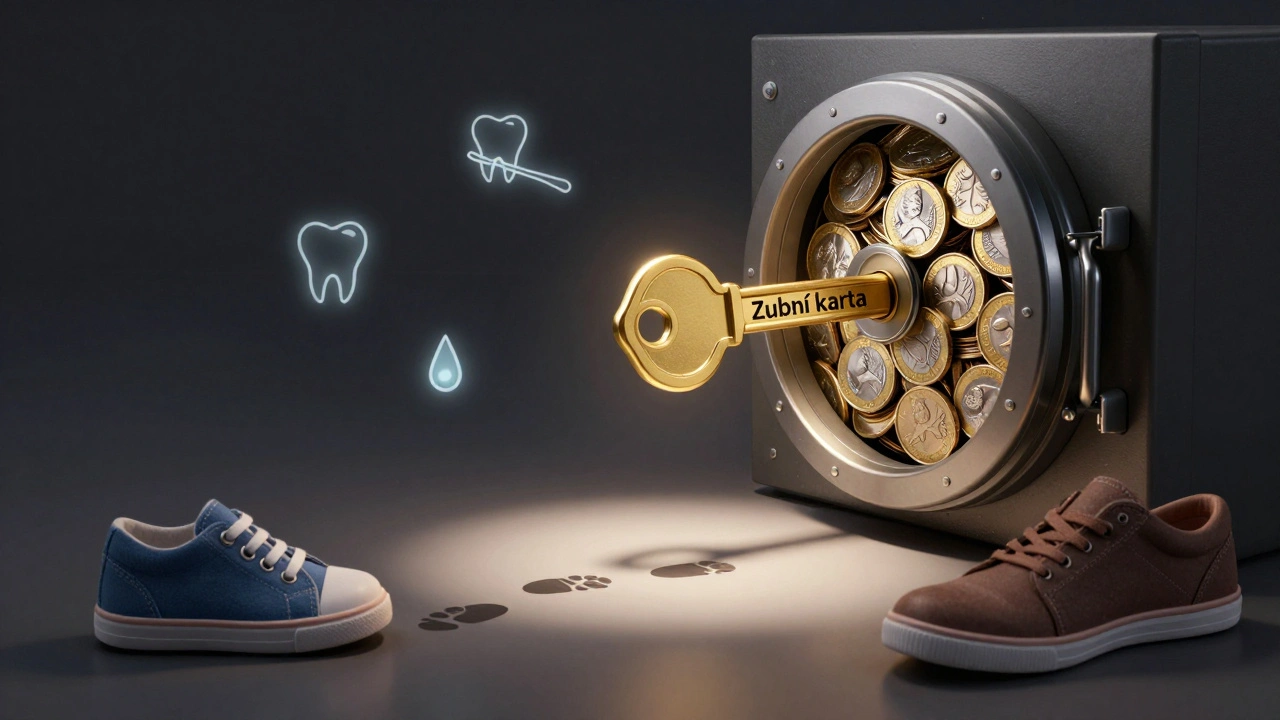Zlatý klíč s nápisem &#039;Zubní karta&#039; otevírá trezor plný peněz označených jako příspěvek na zuby, cesta nohou od dětského po dospělém botě.