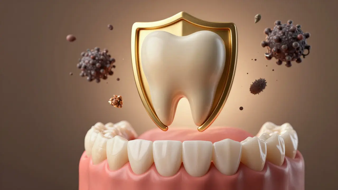 Zlatý štít tvaru zubu brání bakteriím a náledí, symbolizující prevenci zubních problémů.