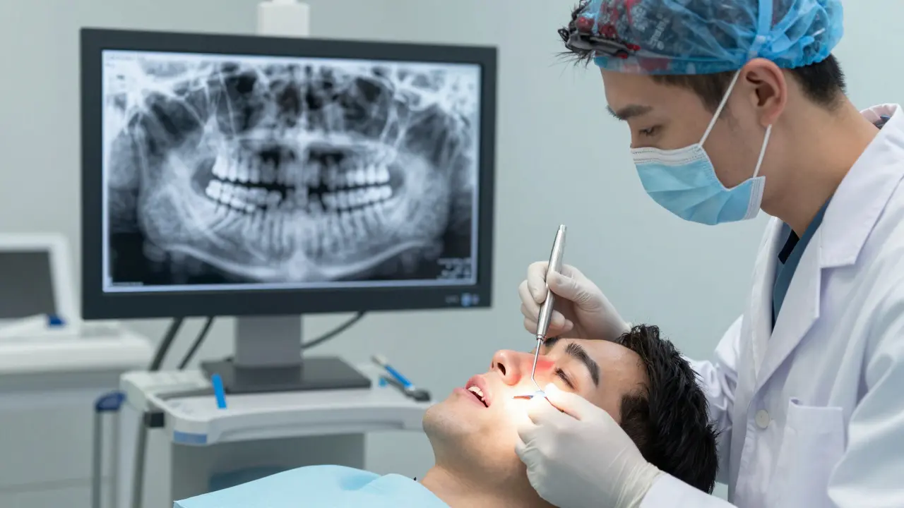 Zubař vyšetřuje volný trvalý zub s rentgenem na pozadí.