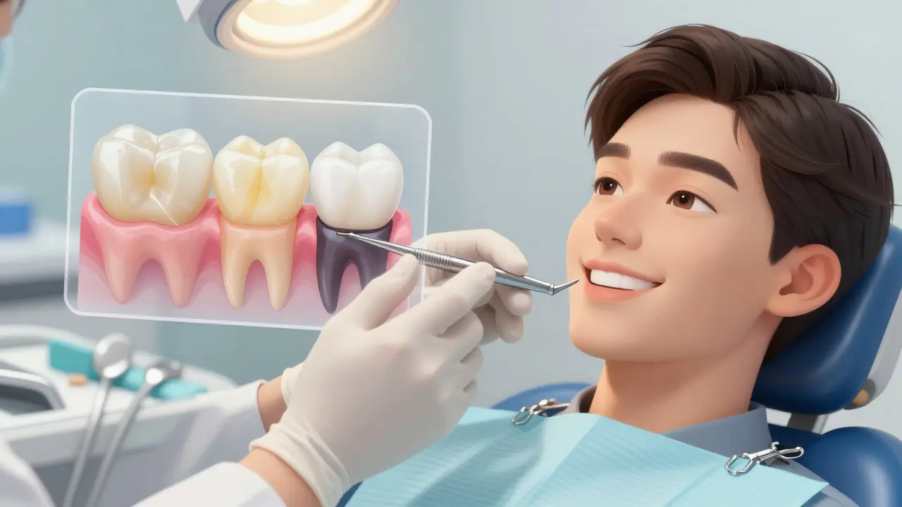 Zubní lékař aplikuje kompozitní plombu, s porovnáním jejího stárnutí a keramiky.