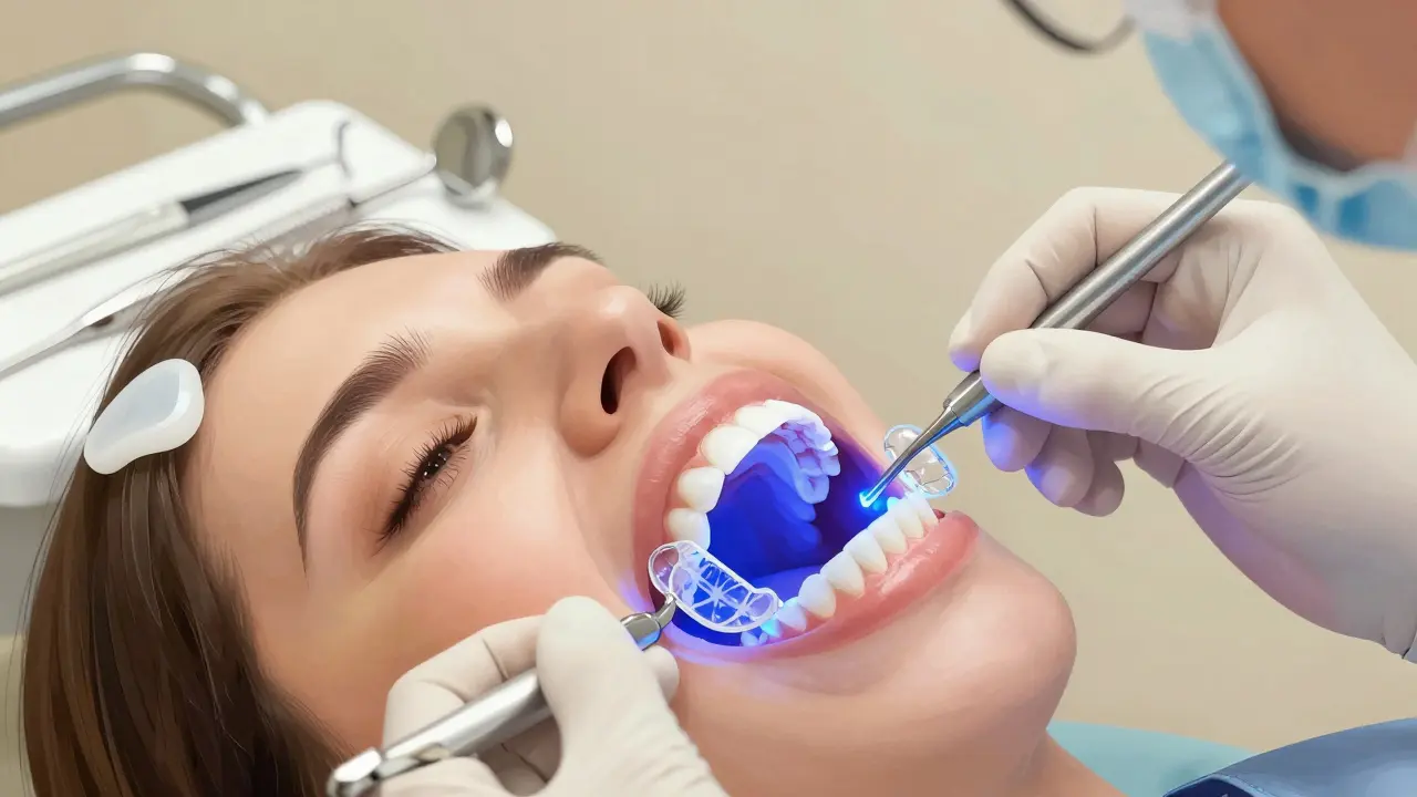 Zubní lékař aplikuje vlastní formy na zuby pacienta s ochranou dásní.