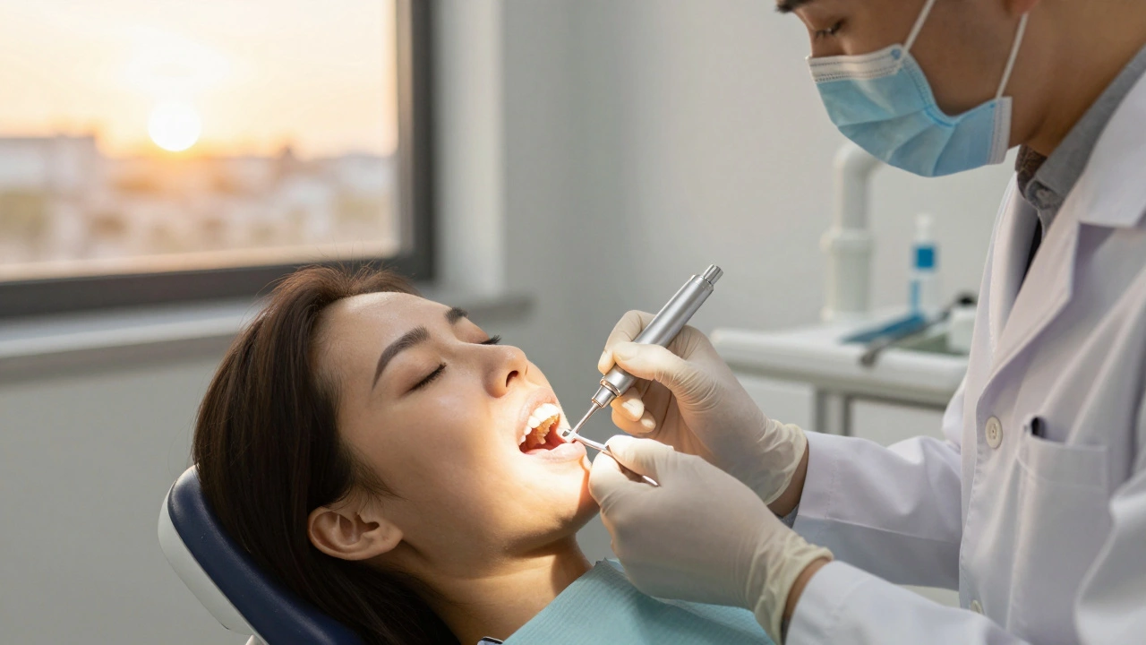 Zubní lékař přikládá zubní fazetu s přesností v klinice