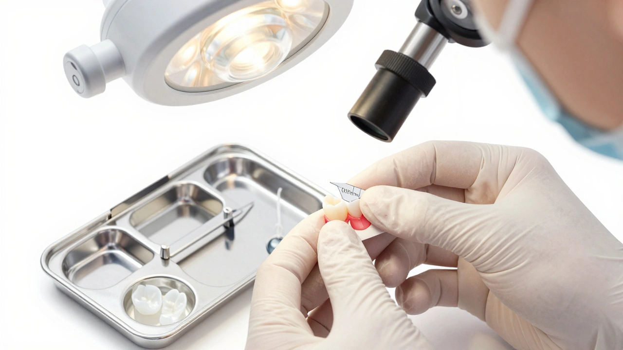 Zubní lékař přilepuje tenkou keramickou fazetu na připravený zub v klinice.