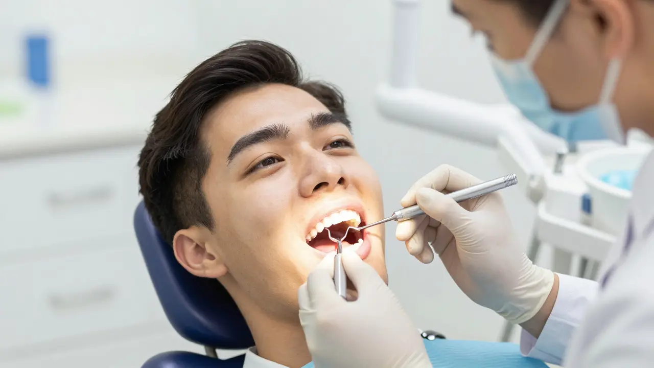 Zubní lékař provádí profesionální čištění pod dásní v moderní ordinaci.