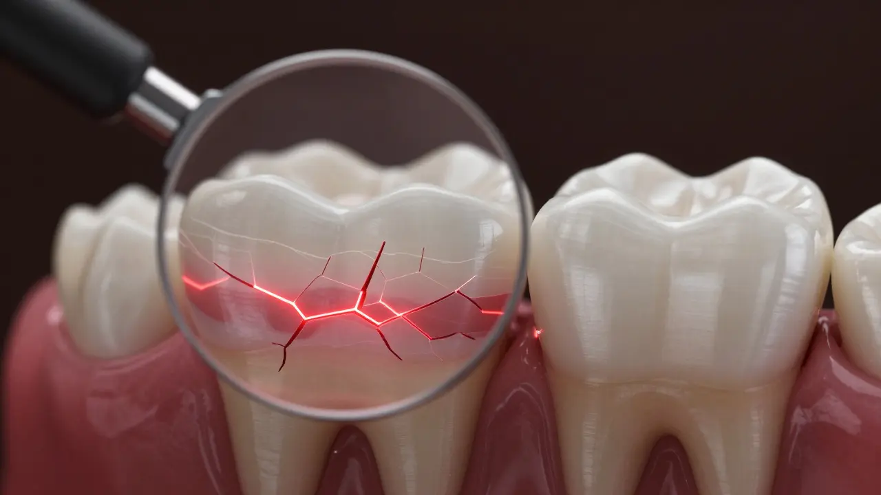 Zvětšený pohled na poškozenou sklovinu zubu vedle zdravého zubu s keramickou vložkou.