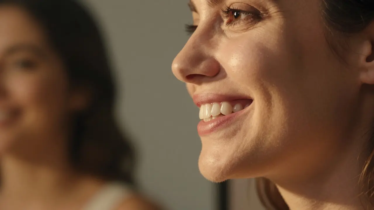 Blízký pohled na ženu, která se usmívá s průhlednými rovnátky, která se téměř nerozlišují od zubů.
