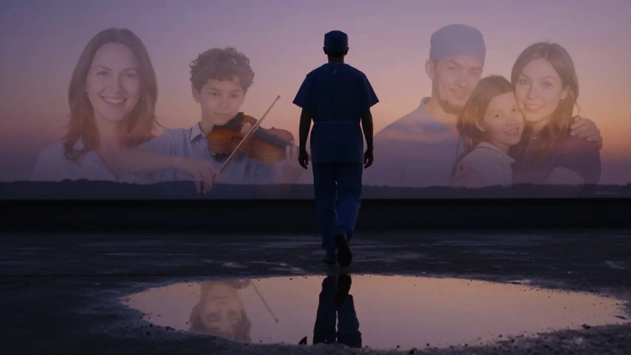 Chirurg odchází z nemocnice večer, za ním se objevují průhledné obličeje dřívějších pacientů, jeho odraz v kaluži se směje.