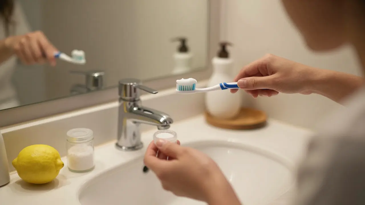 Člověk čistí zuby, na pozadí sol a citron jako nebezpečné domácí prostředky