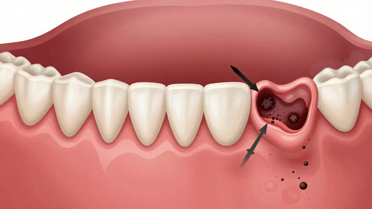 Comparison of healthy gums versus inflamed gums with periodontal pockets.