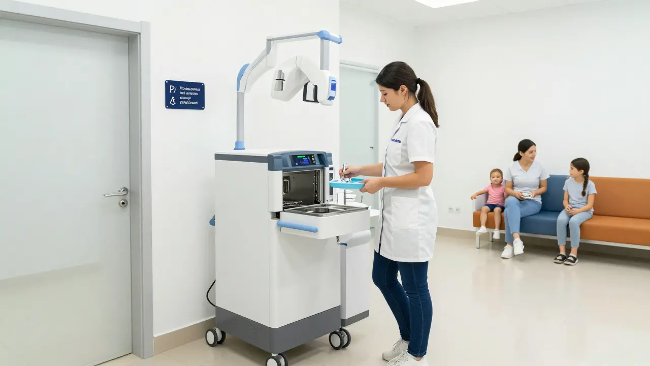 Dental assistant preparing instruments near sterilization unit in accessible clinic.