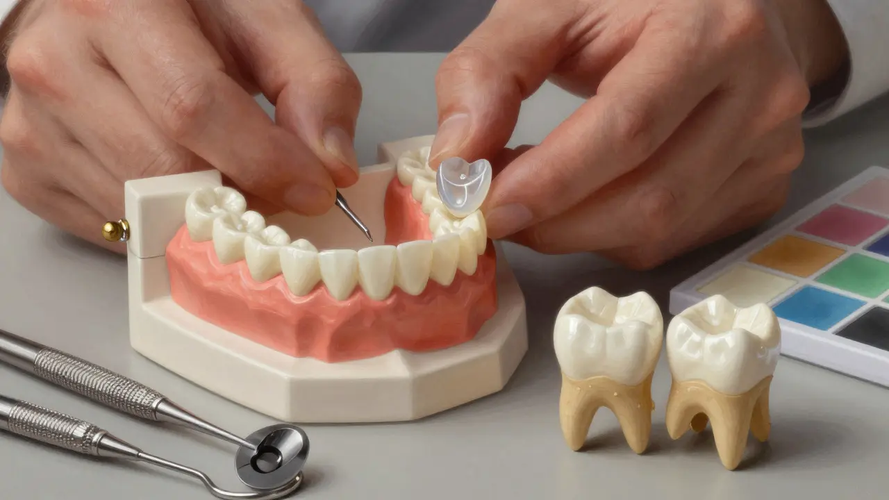 Dentální technik přidává keramickou fazetu na model zubu v laboratoři.