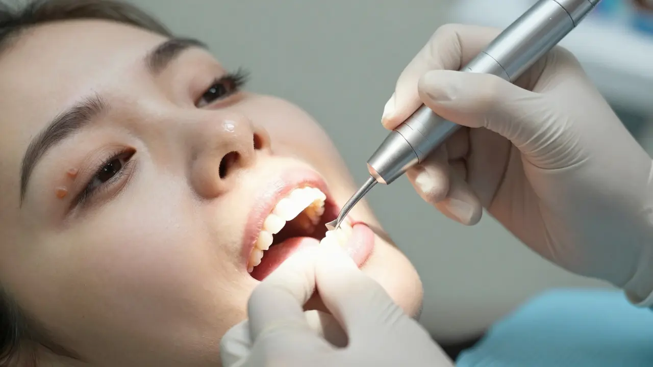 Dentist precisely reducing enamel layer on a tooth before taking impression for veneers.