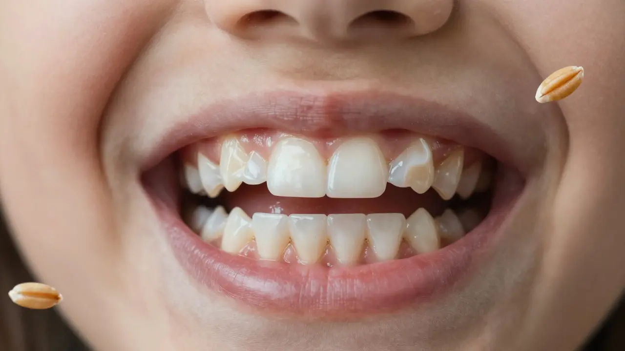 Dětské řezné zuby s defekty skloviny a symbolickými zrnky pšenice.