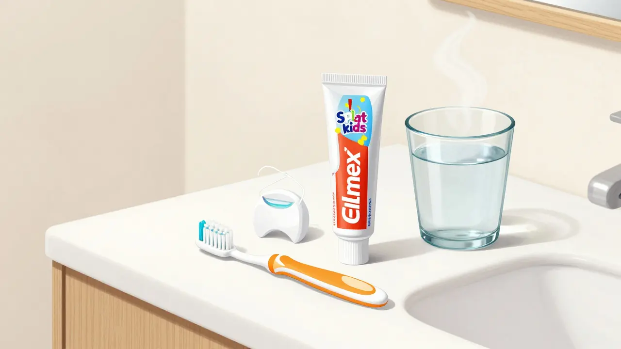 Dětské zubní pasty, zubní nit a sklenice vody na koupelnové pultě.