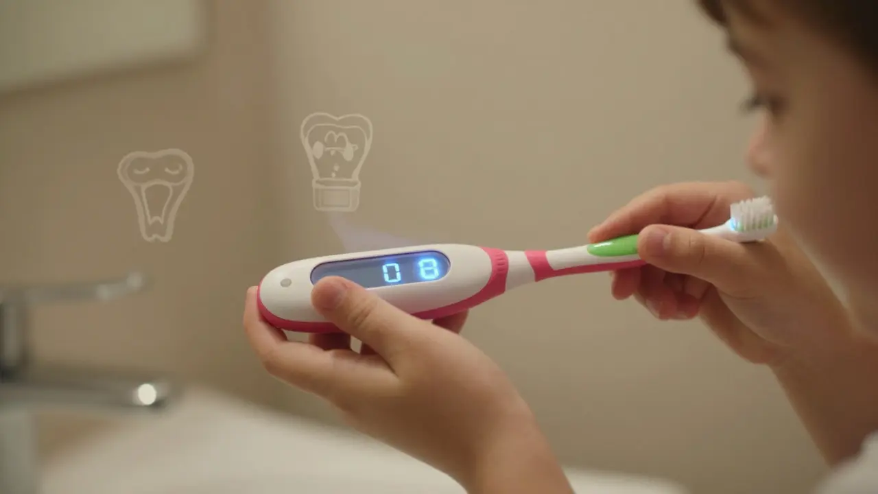 Dítě čistí zuby sonickým kartáčkem s časovačem, zuby jsou čisté a zdravé.