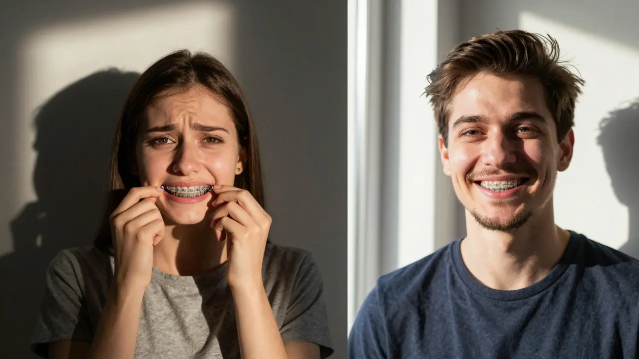 Dvě scény: odstranění rovnátek příliš brzy vs. nosení retentoru pro stabilitu