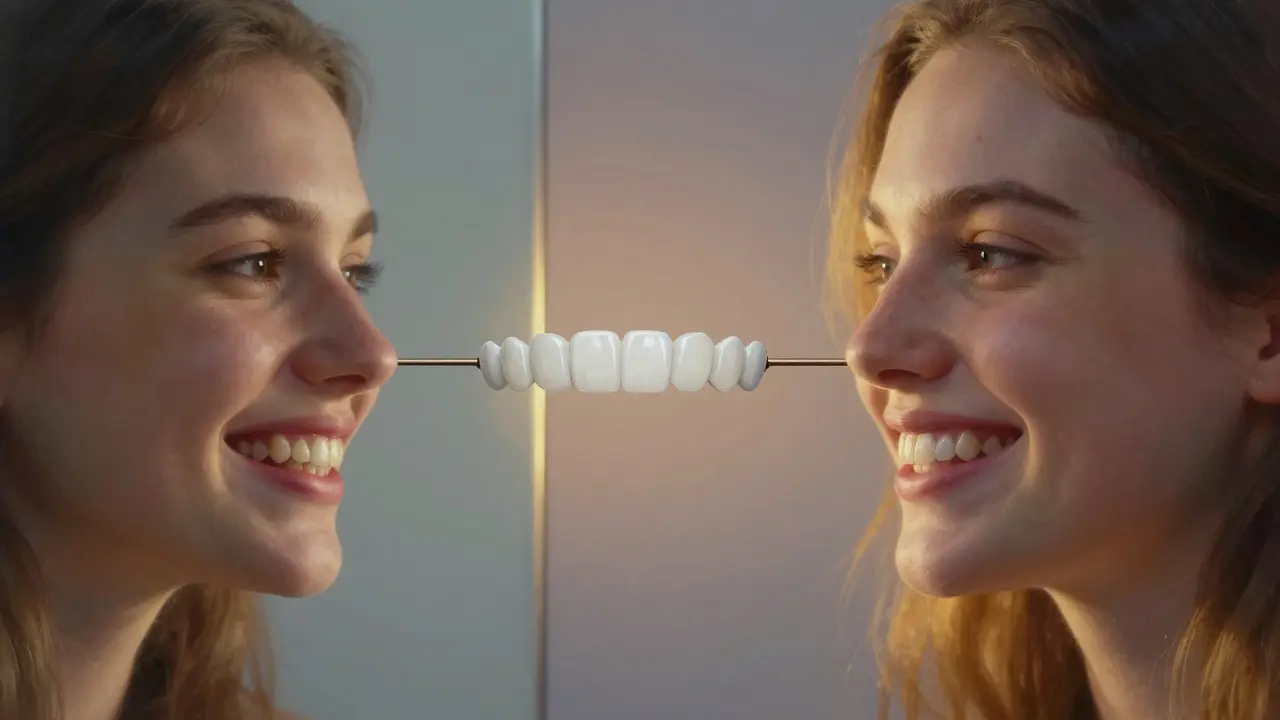 Dvě verze stejné osoby: jedna se stydí, druhá se směje s dokonalým úsměvem.