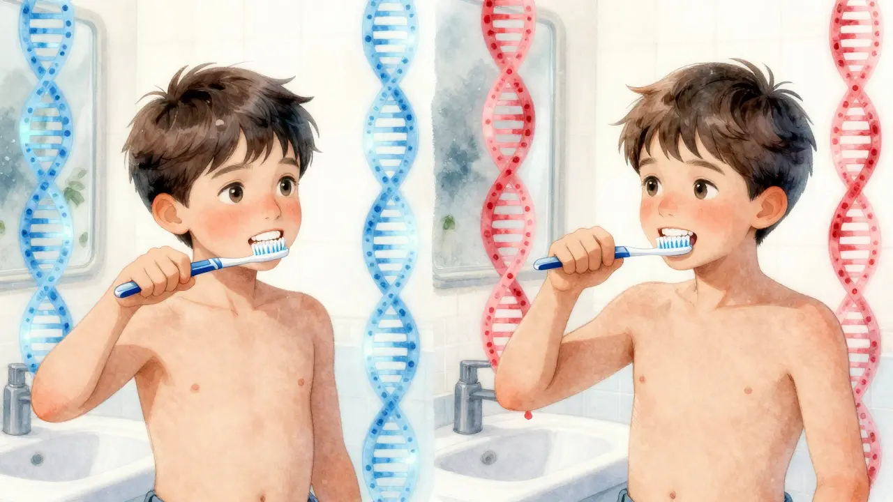 Dvojčata čistící zuby různými způsoby, s genetickými pruhy symbolizujícími různé riziko kariese.