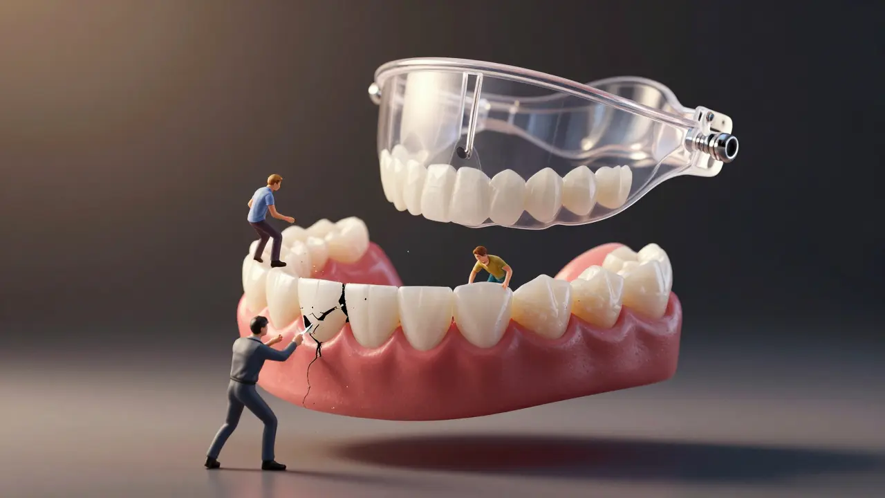 Fazeta v letu s poškozením, napadá ji plak a škrábání, chrání ji noční štětice.