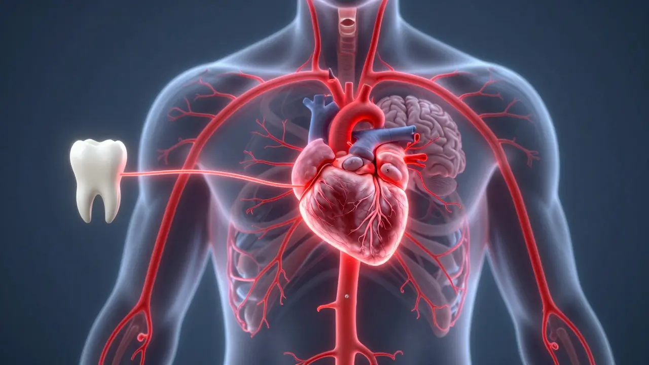Grafické znázornění šíření infekce z zubu do srdce, mozku a plodu.