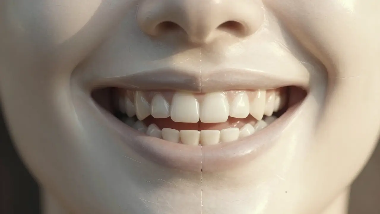 Konceptuální obrázek úsměvu jako mostu mezi strachem a sebevědomím, s keramickými fazetami jako lesklými dlaždicemi.