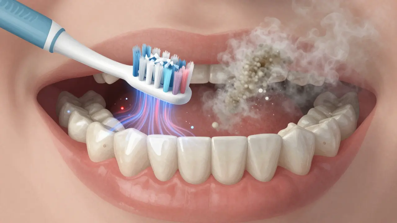 Křížový řez úst s vibracemi sonického kartáčku odstraňujícími plak pod dásněmi.