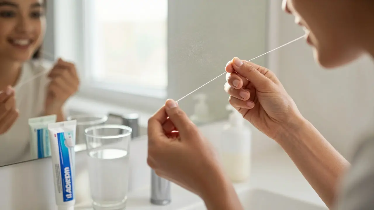 Osoba čistí zuby a používá zubní nit bez pláchnutí.