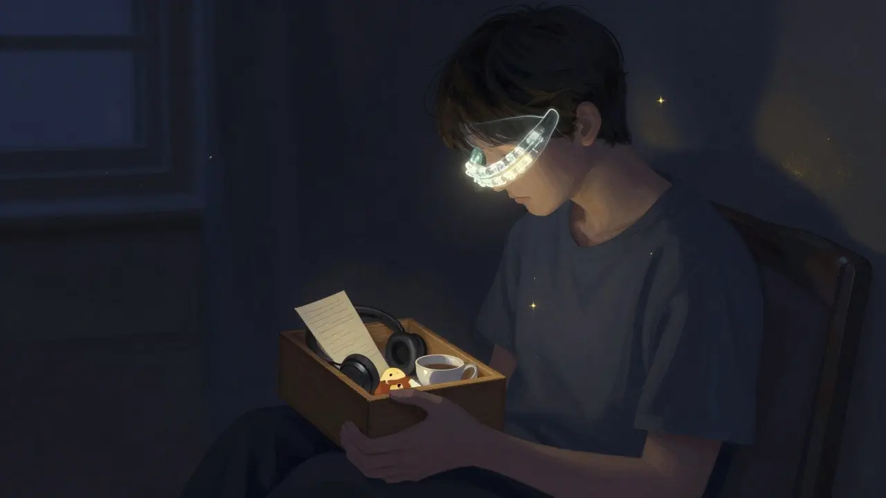 Osoba drží krabičku s klidnými věcmi, nad její tváří se objevují průhledné rovnátka.