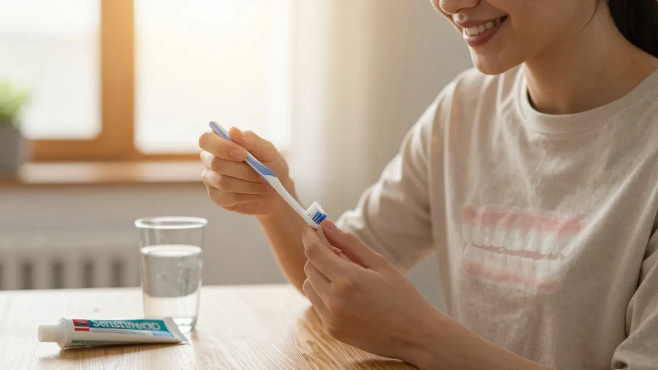 Patient practicing good oral hygiene at home after periodontal treatment.