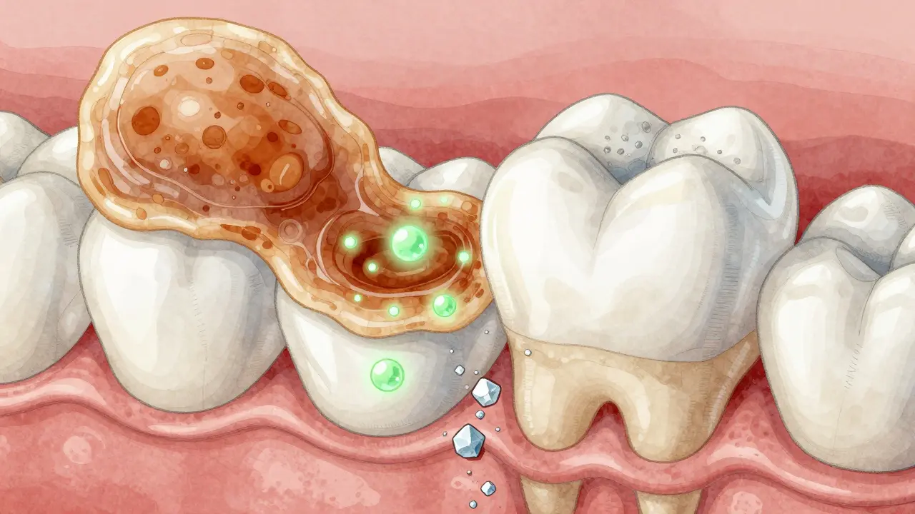 Pod mikroskopem: fluorid obnovuje minerály v emalí zubu.
