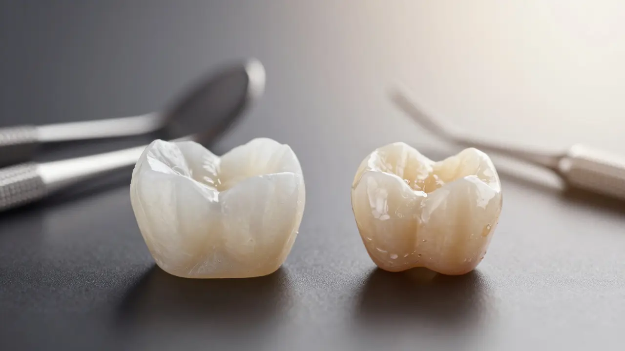 Porovnání dočasné a trvalé zubní korunky vedle sebe na temném pozadí.