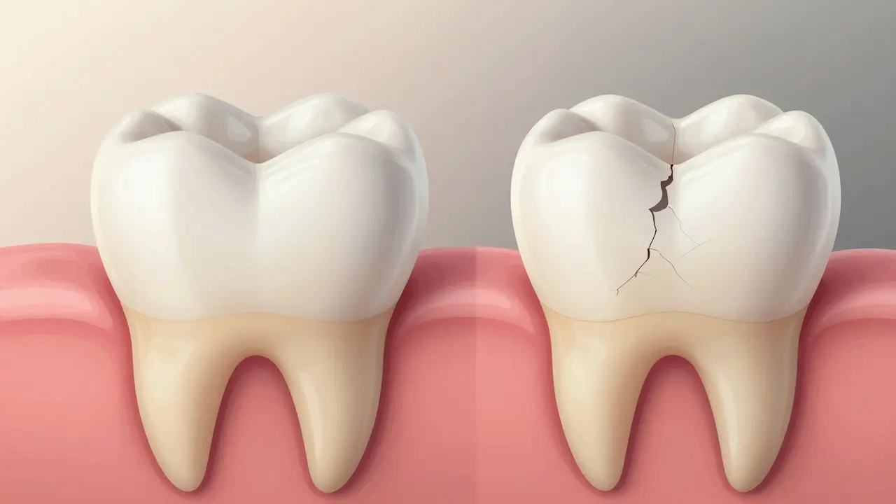 Porovnání zdravého a poškozeného zubu: celistvá sklovina vs. odstraněná sklovina s trhlinami