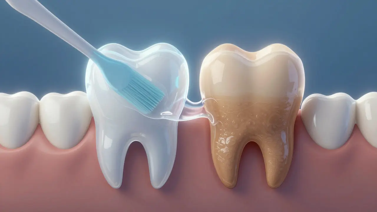 Přechod od měkké placky k tvrdému zubnímu kamenu na zubu.