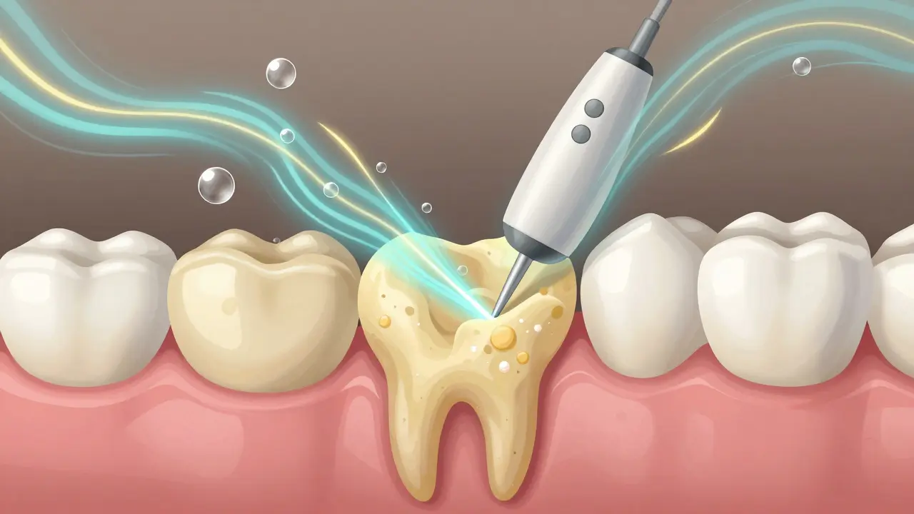 Přehled vnitřní struktury zubu, kde ultrazvukové vlny rozkládají plak na mikroskopické bubliny.