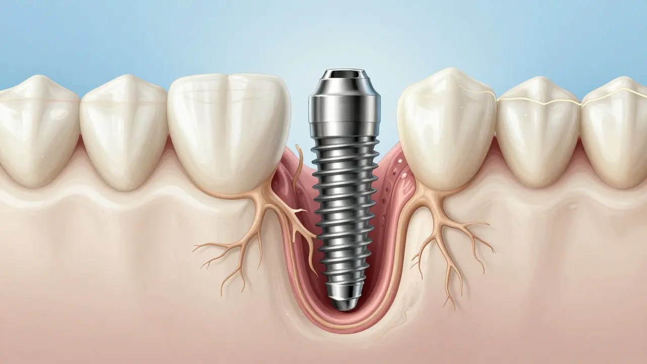 Průřez čelistí s implantátem, kolem kterého roste kost jako kořeny stromu.