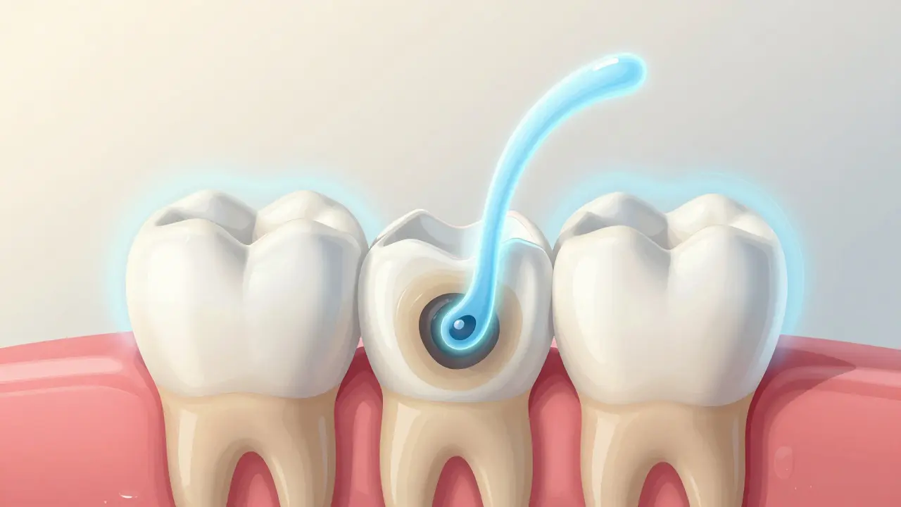 Průřez zubu ukazující, jak bělicí gel proniká do emalí a odstraňuje pigmenty zevnitř.