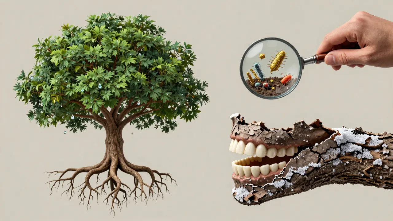 Strom s kořeny tvaru čelistí, jedna strana zdravá s fluoridovými kapkami, druhá poškozená cukernými krystaly.