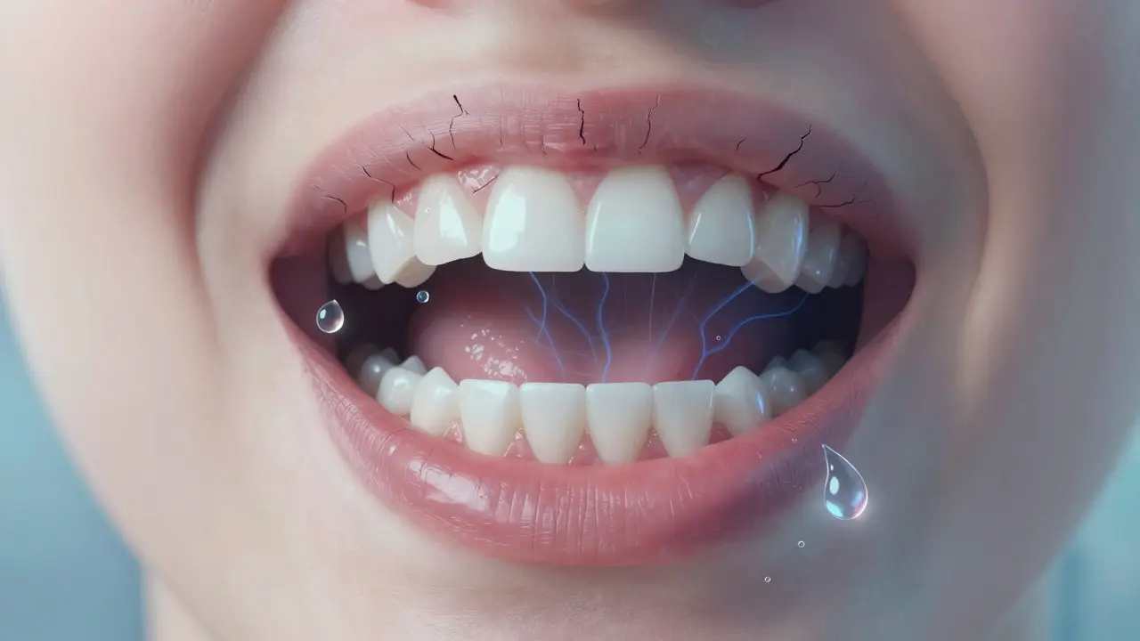 Suché ústní sliznice a kyseliny roztávající sklovinu zubů.