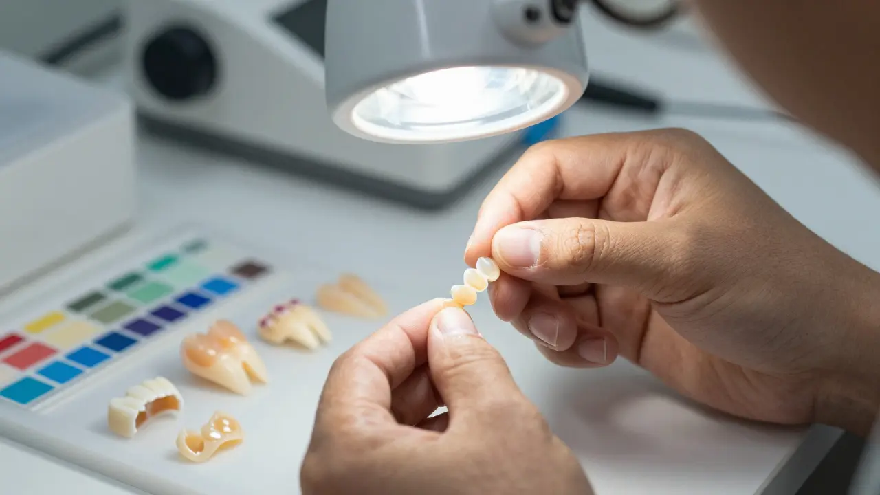 Technician hand-building ceramic veneers with layered porcelain in a dental lab.