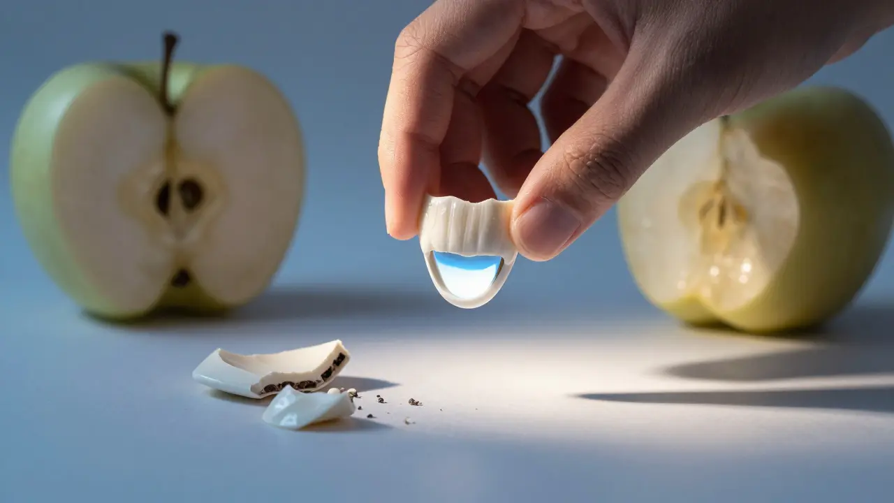 Tenká keramická fazeta držená v ruce vedle rozbité plomby a kousnutého jablka.