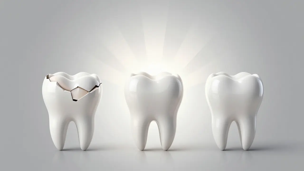 Tři fáze opravy zlomeného zubu: poškození, léčba a dokonalý výsledek.