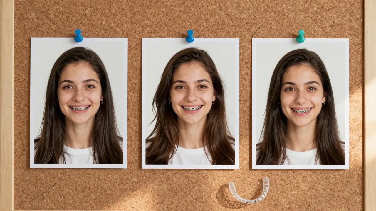 Tři fotografie postupného zlepšování sebevědomí s rovnátky na dřevěné tabuli.