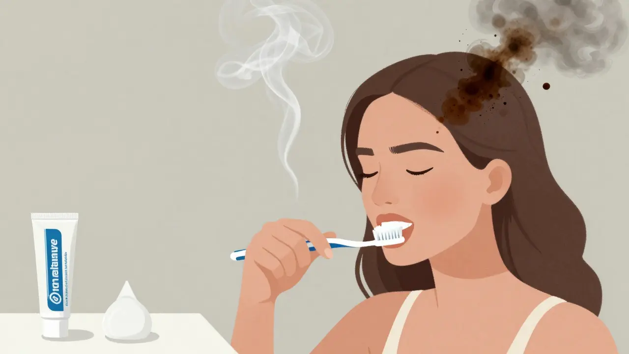 Žena čistí zuby jemným kartáčkem, vedle ní zubní nit a pasty, nad hlavou se vznáší kouř a káva.