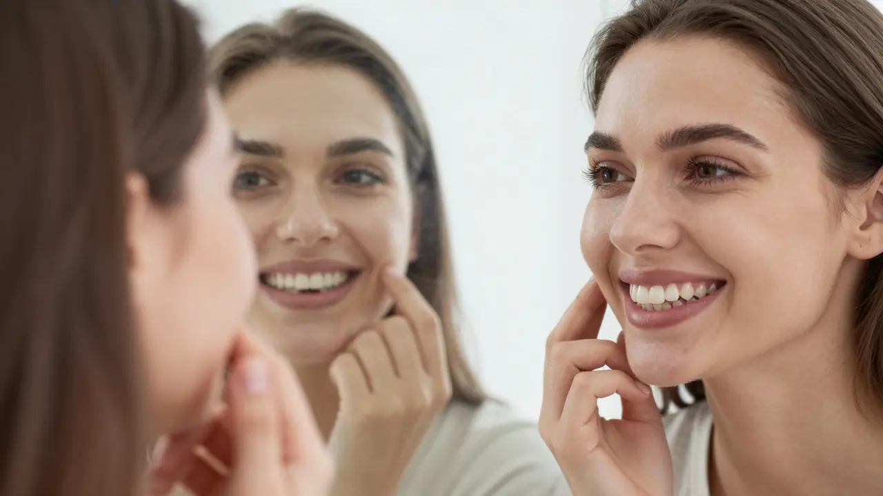 Žena se dívá do zrcadla a dotýká se zubů, její odraz ukazuje dokonalý úsměv.