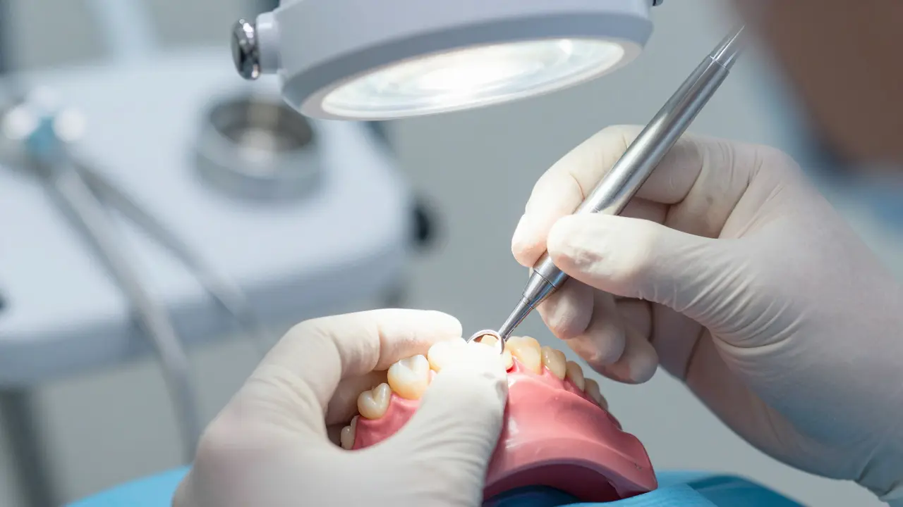 Zubní lékař opravuje zlomený zub kompozitní plombou pod léčivým světlem.