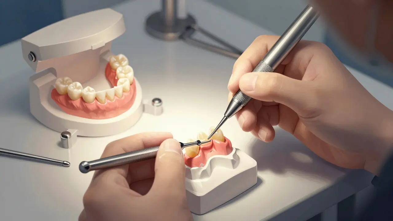 Zubní lékař připevňuje dočasnou korunku, na pozadí viditelná trvalá metalokeramická korunka.
