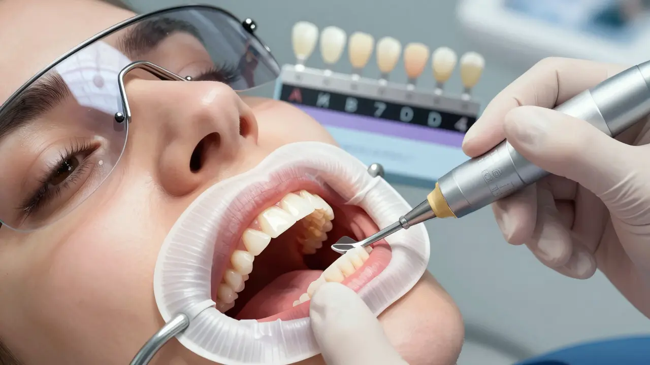 Detailní pohled na bělící gel na předních zubech s ochranným štítem a škálou barevných odstínů v pozadí.