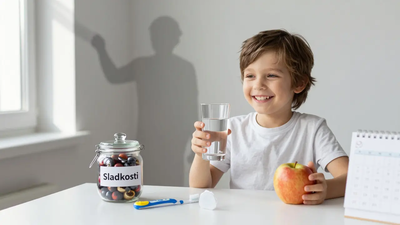 Dítě drží jablko a vodu, vedle něj jsou zubní kartáček, nitě a kalendář s návštěvami u zubního lékaře.