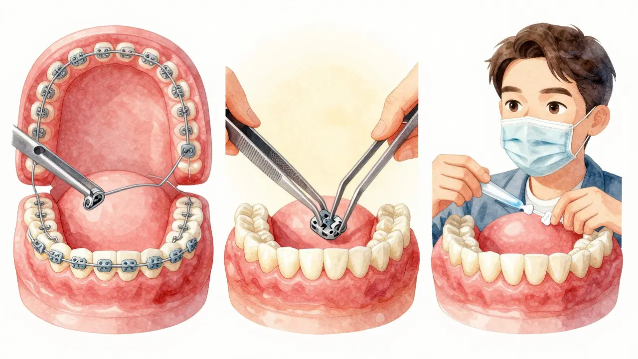 Ilustrace tří kroků odstranění rovnátek: odříznutí drátu, odstranění záclonky a poléčení zubů.